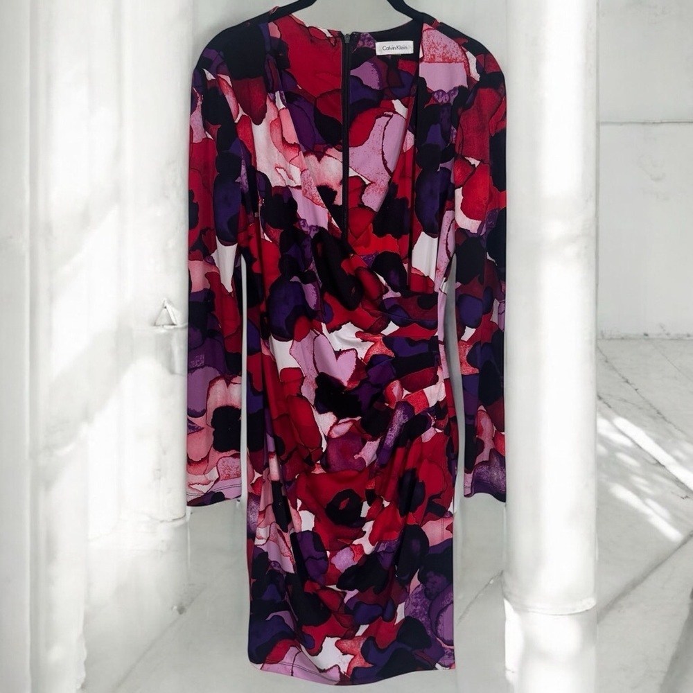 Calvin Klein Red and Purple Watercolor Long Sleeve Career Dress‎ Size XS/S